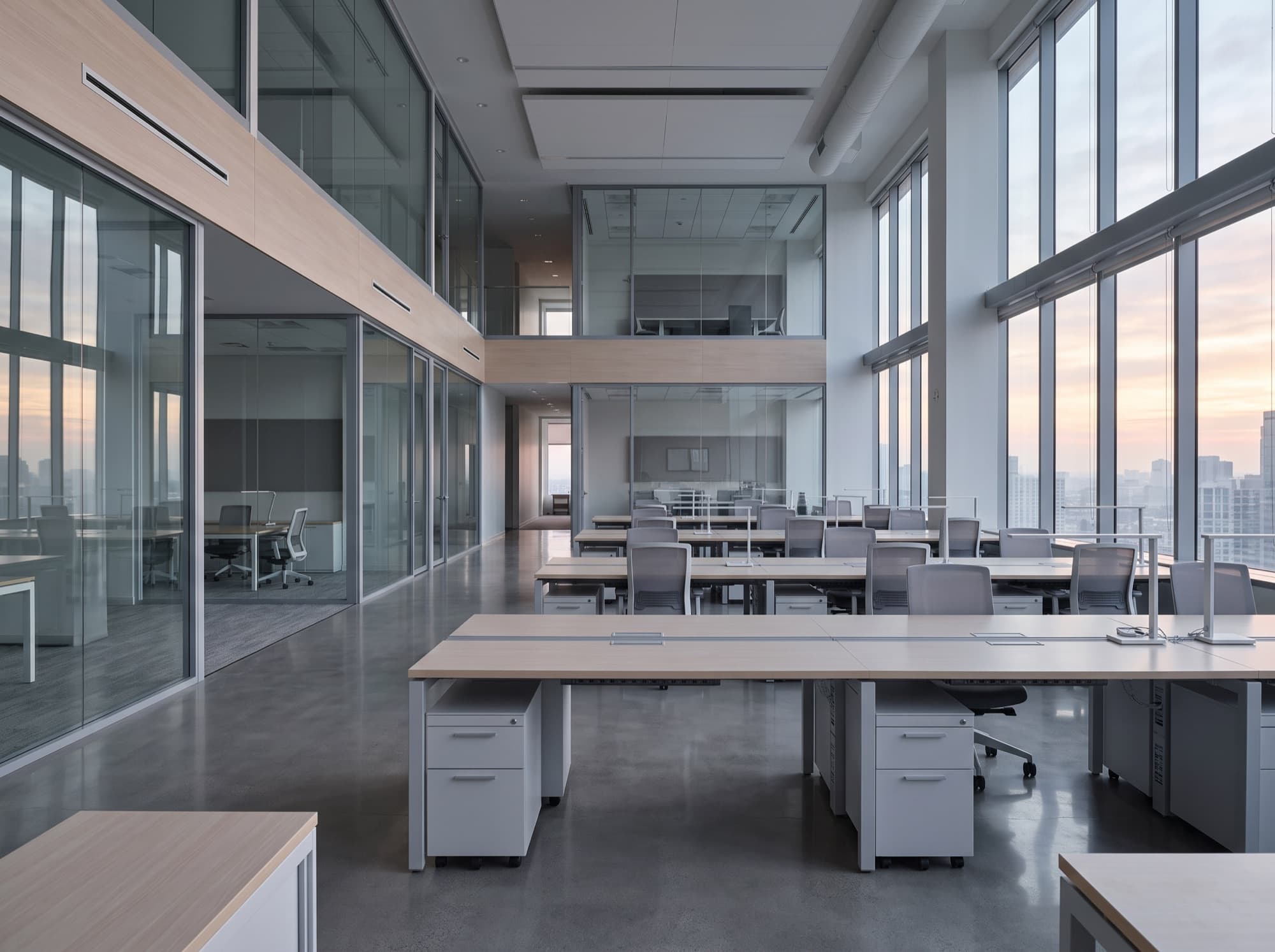 Clean, orderly open-plan office with clear surfaces and morning light.